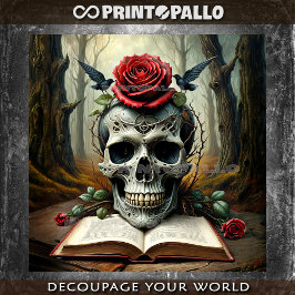 Papel De Seda Crânio mortal em livro amaldiçoado com rosas e cor