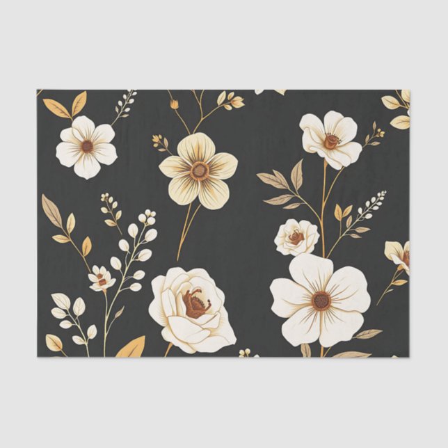 Papel De Seda Cream Gold Floral Black Pattern (Frente )