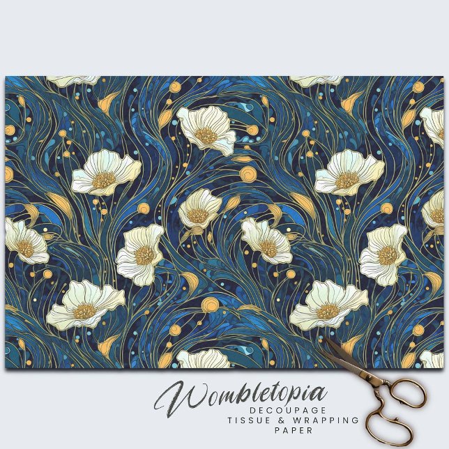 Papel De Seda Creme Celestial Floral e Dourado no Marinho (Criador carregado)