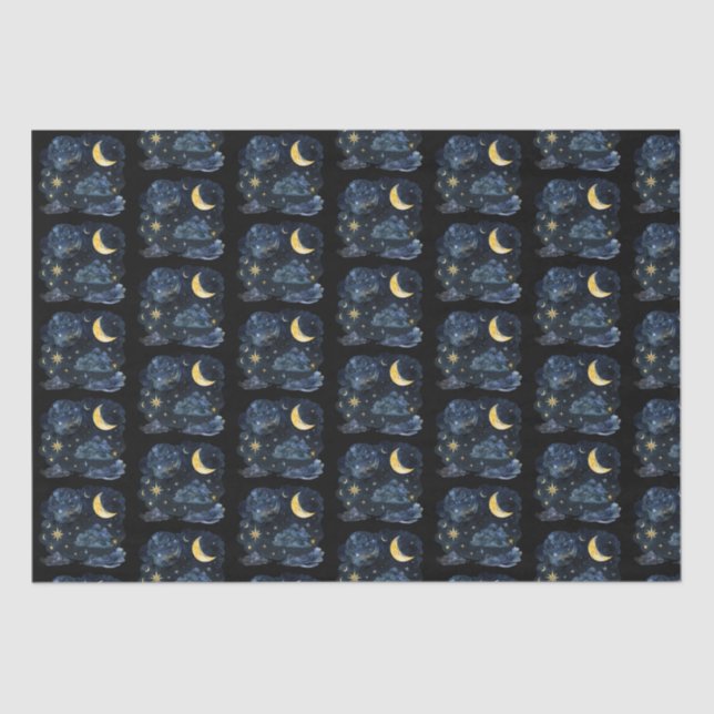 Papel De Seda Crescent Moon Stars Celestial Black Halloween (Frente )