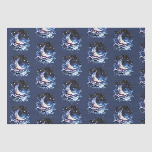 Papel De Seda Crescent Moon Stars Celestial Blue Halloween (Frente )