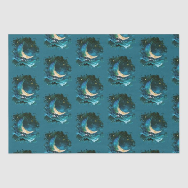 Papel De Seda Crescent Moon Stars Celestial Blue Halloween (Frente )