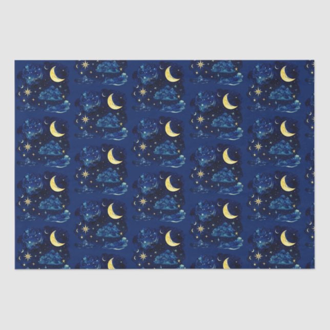 Papel De Seda Crescent Moon Stars Celestial Blue Halloween (Frente )