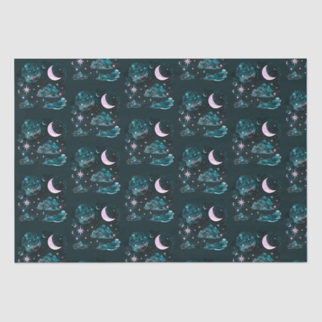 Papel De Seda Crescente Rosa Lua Estende Azul Celestial (Frente )