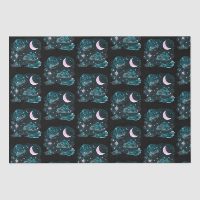 Papel De Seda Crescente rosa Lua Stars Celestial Black Halloween (Frente )