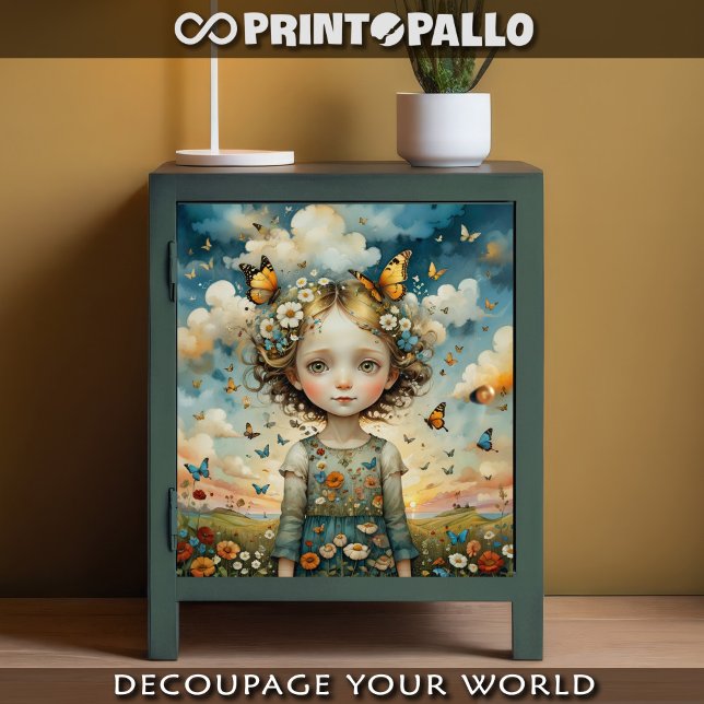 Papel De Seda Criança bonita num campo de primavera com borbolet (Criador carregado)