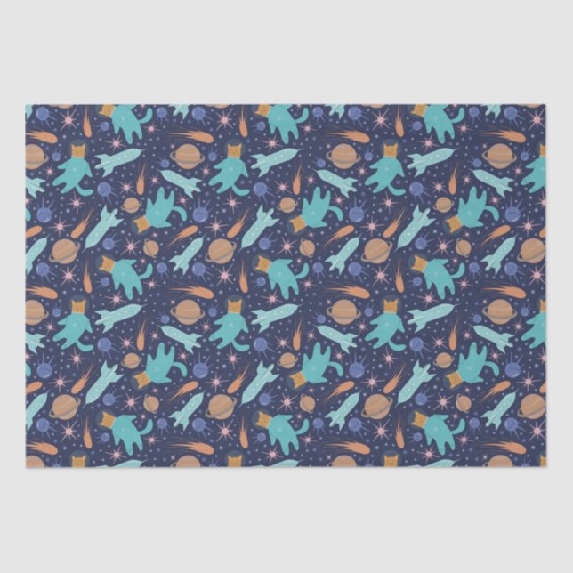 Papel De Seda Crianças Astronautas de Gato em Planetas Espaciais (Frente )