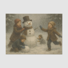 Papel De Seda Crianças Construindo um Boneco de Neve