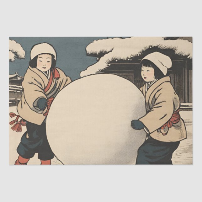 Papel De Seda Crianças japonesas rolando grandes bolas de neve (Frente )