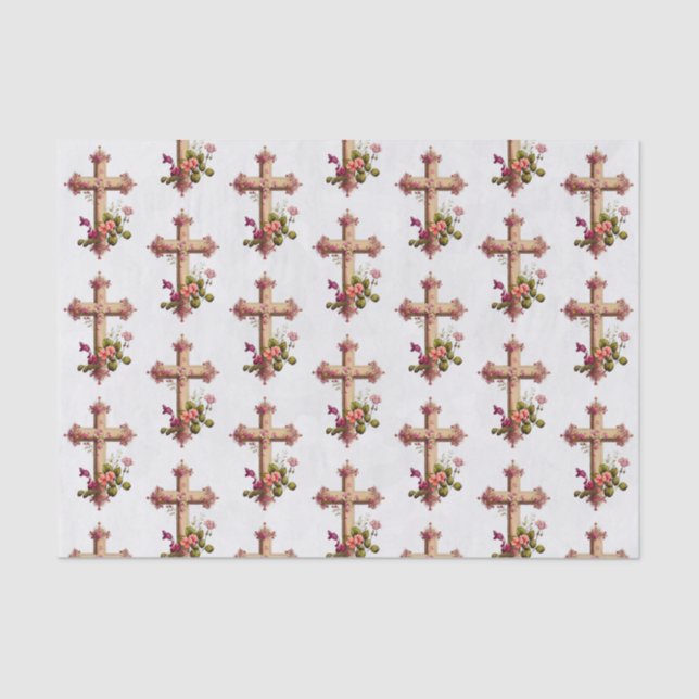 Papel De Seda Cruz Elegante de Madeira com Flores Rosa Patterada (Frente )