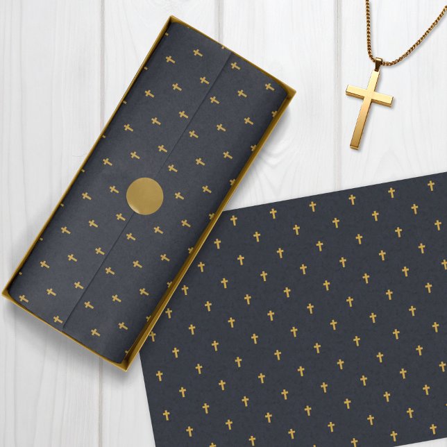 Papel De Seda Cruzes - Mostarda Faux Dourada no Grafite (Crosses - Faux Mustard Gold on Graphite Tissue Paper)