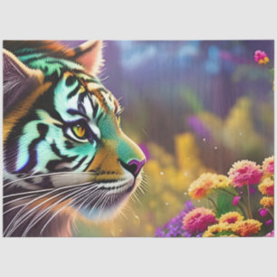Papel De Seda Cubo Tigre e Buquê Floral Colorido
