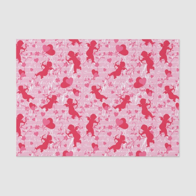 Papel De Seda Cupídeos e Corações Rosa (Frente )
