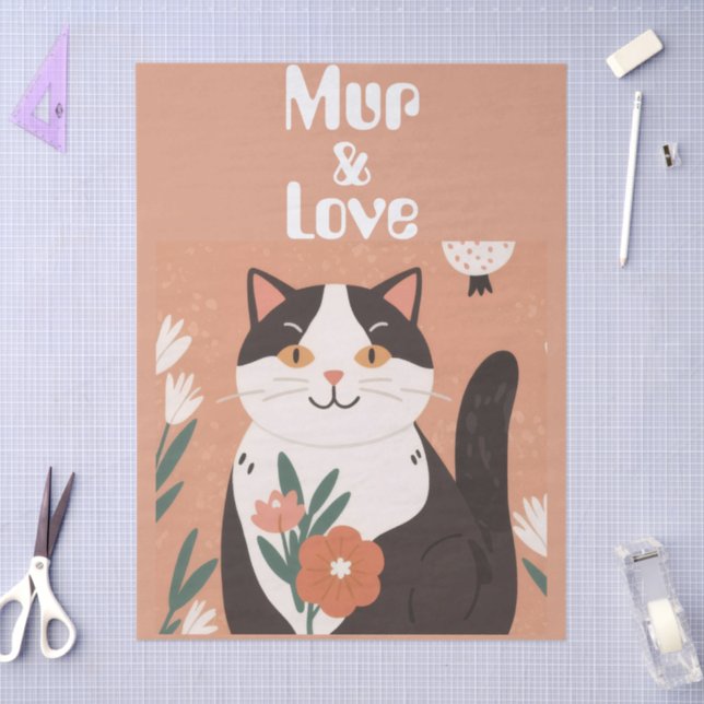 Papel De Seda Custom Cute Cat with Mur and Love Decoupage (Arte )