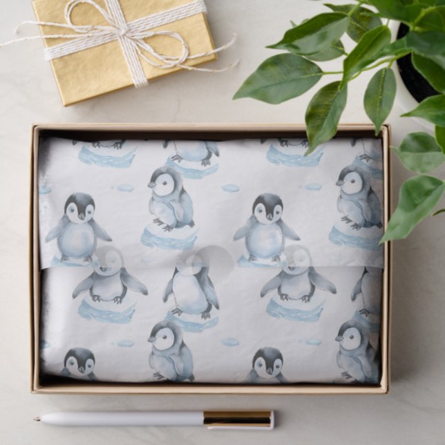 Papel De Seda Cute Baby penguins playing on ice illustration  (Presente)