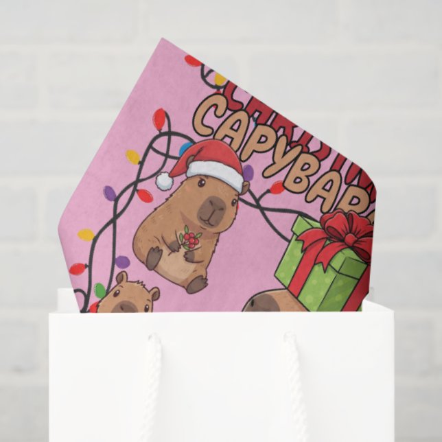 Papel De Seda Cute Capybara Christmas Lights Festive Party Pink (Sacola de presentes)