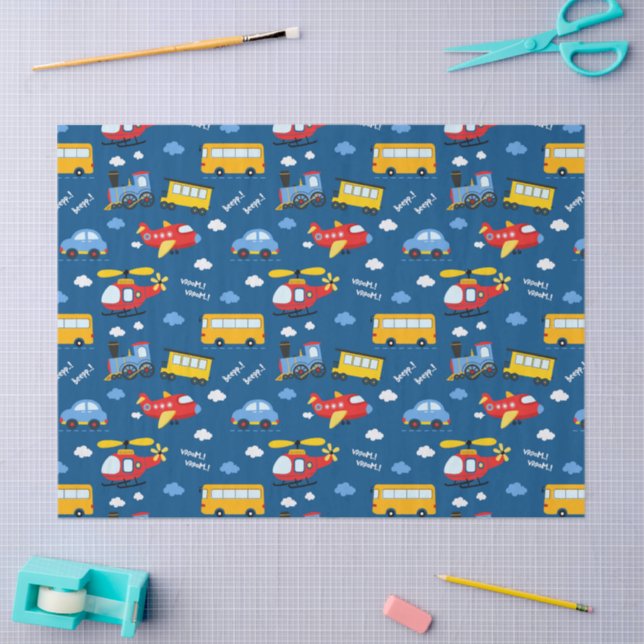 Papel De Seda Cute Cartoon Vehicles Pattern  (Arte )