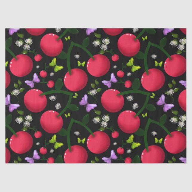 Papel De Seda Cute Cherry Butterfly Pattern, Glossy Kawaii Fruit (Frente )