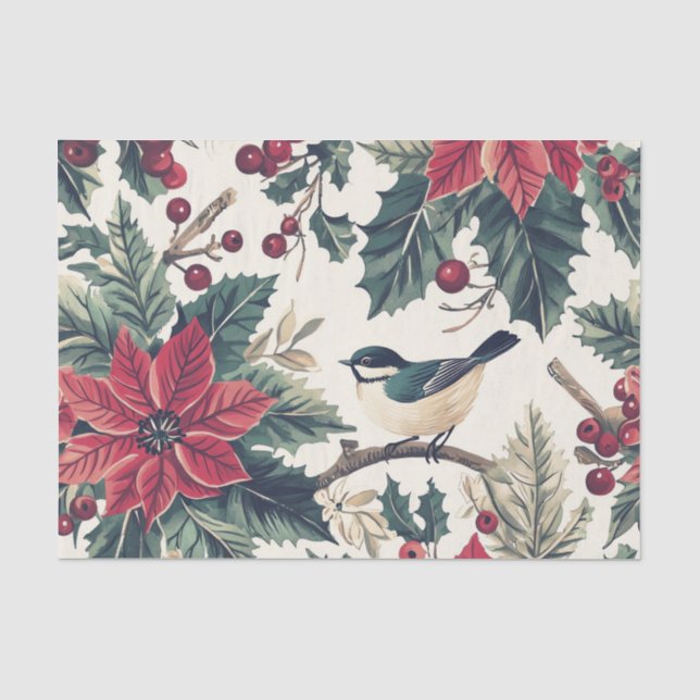 Papel De Seda Cute Chickadee em um ramo de azevinho com poinséti (Frente )