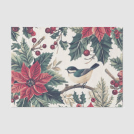 Papel De Seda Cute Chickadee on a Holly Branch with Poinsettias