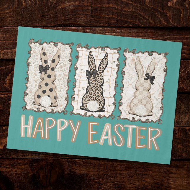 Papel De Seda Cute Easter Bunny n Animal Print Brown Bows Teal  (Criador carregado)