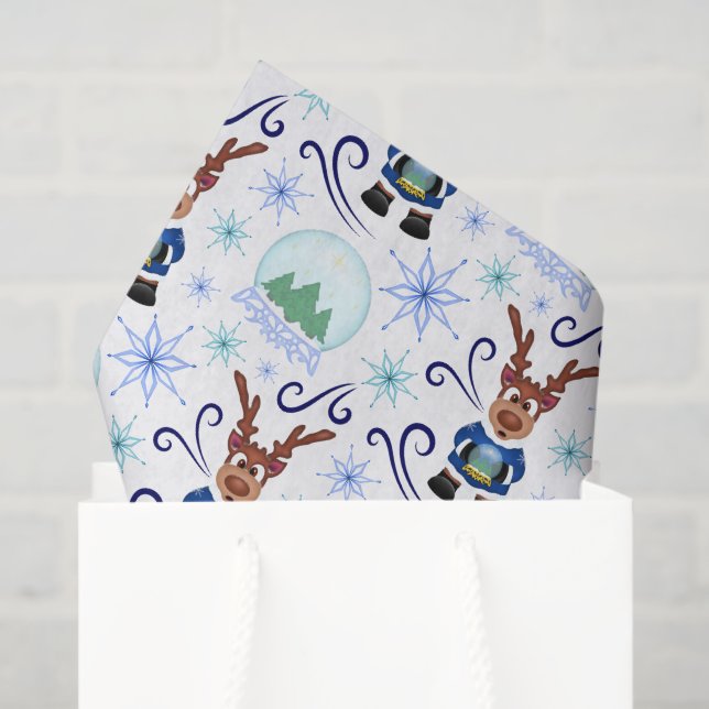 Papel De Seda Cute Festive Blue Christmas Reindeer (Sacola de presentes)