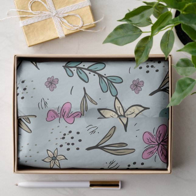 Papel De Seda Cute Flowers and Leaves illustrated Pattern Blue (Presente)