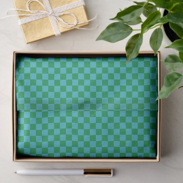 Papel De Seda Cute Fun Modern Checkerboard Blue Green Geometric (Presente)