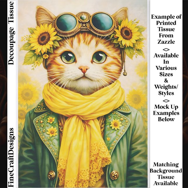 Papel De Seda Cute Ginger Sunflower Steampunk Cat FE6 Decoupage (Criador carregado)