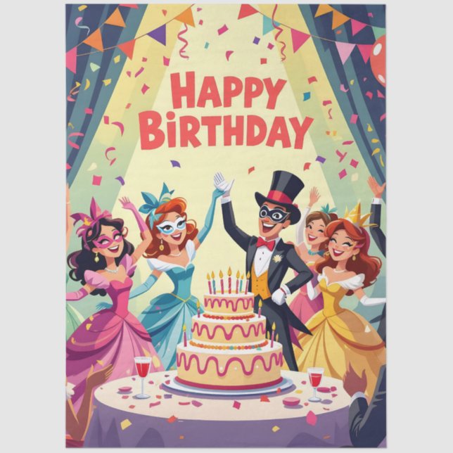 Papel De Seda Cute Happy Birthday masquerade theme (Frente )
