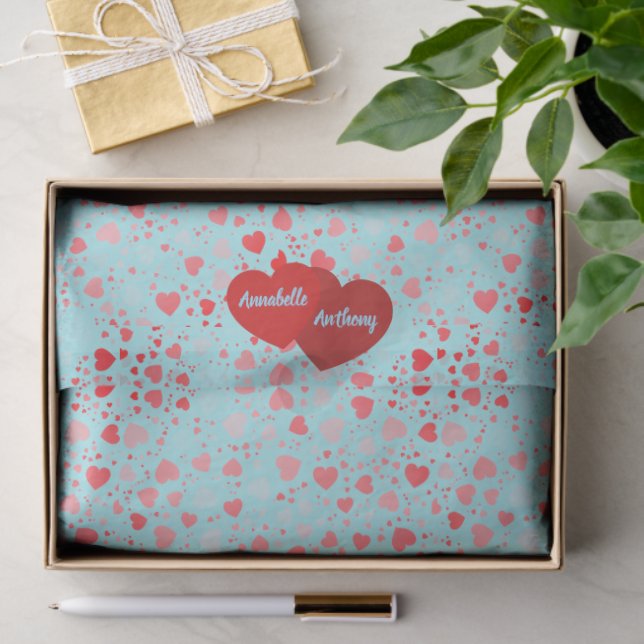 Papel De Seda Cute Heart Pattern Aqua & Pink Red Name (Presente)