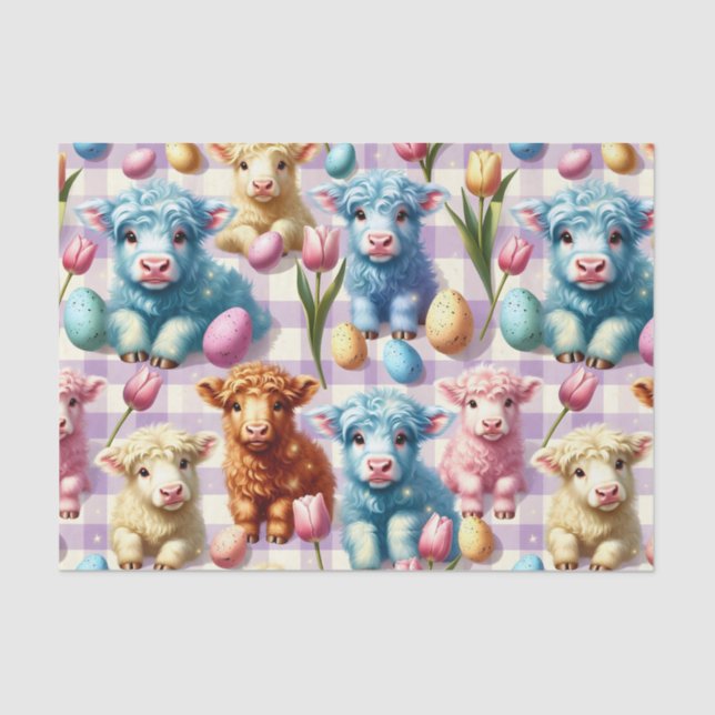 Papel De Seda Cute Highland Cow Easter Pastel Eggs (Frente )