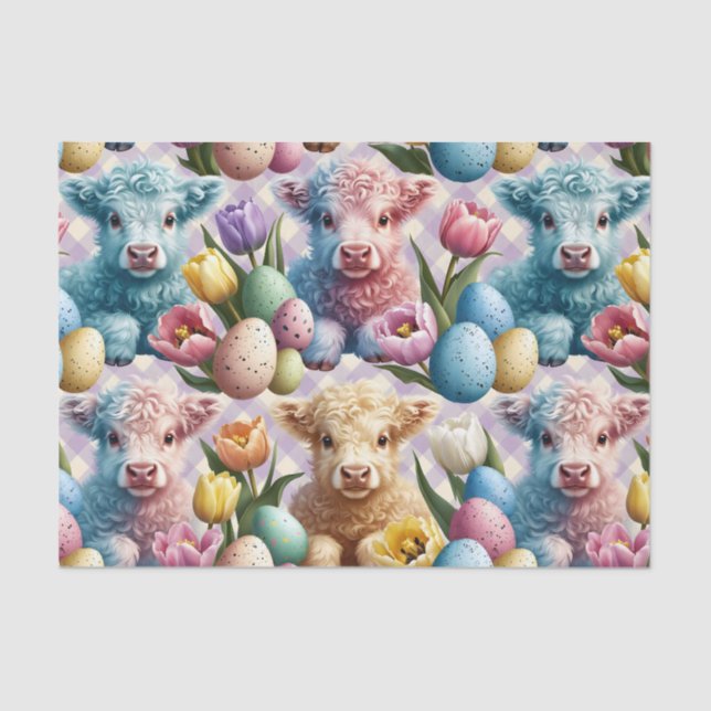 Papel De Seda Cute Highland Cow Easter Tulips Pastel (Frente )