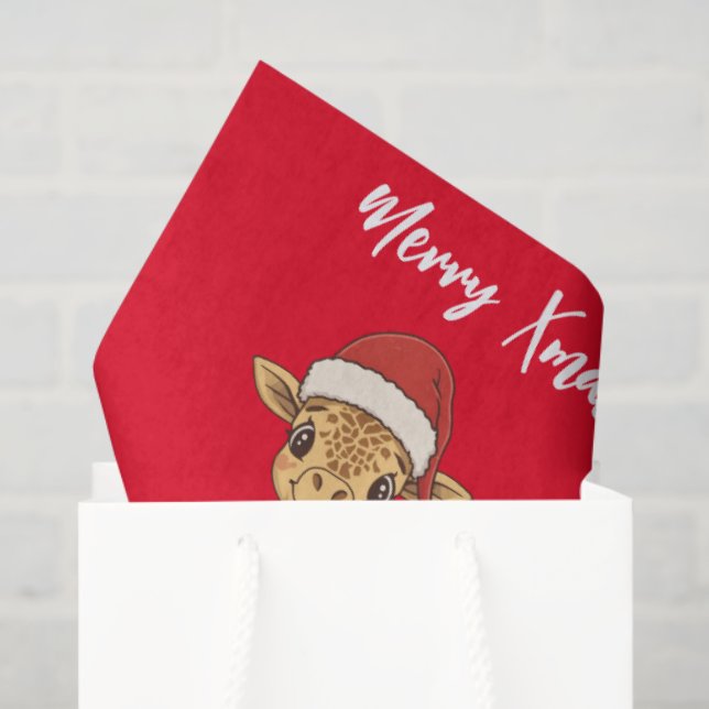 Papel De Seda Cute merry giraffe Christmas tree zoo safari Xmas  (Sacola de presentes)