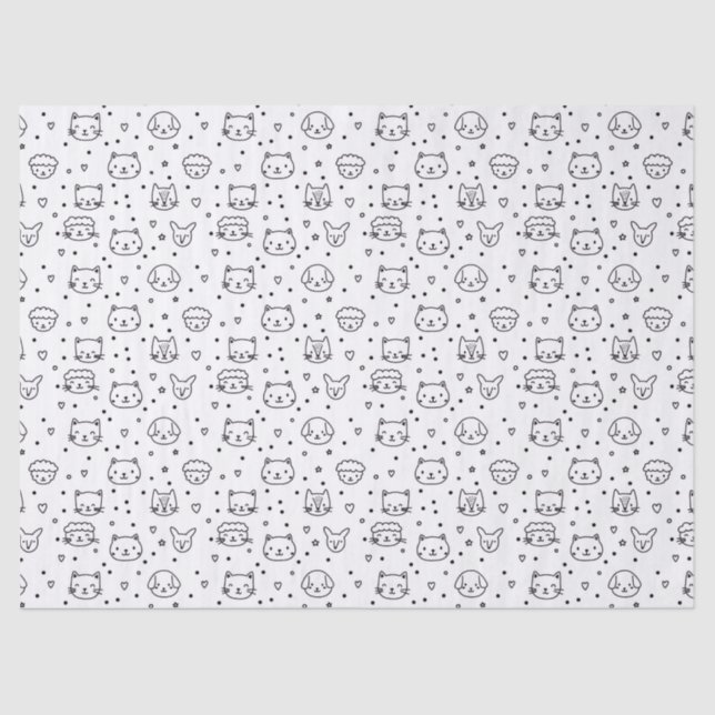 Papel De Seda Cute Minimalist Animal Faces Doodle (Frente )