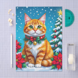 Papel De Seda Cute Orange Kitty Cat and Poinsettia Christmas