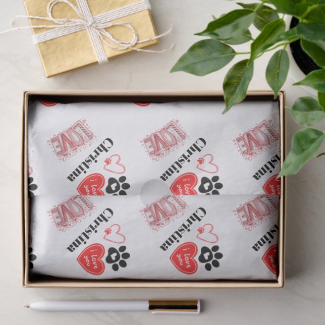 Papel De Seda Cute Red & White Paw Print Valentines Day Hearts  (Presente)