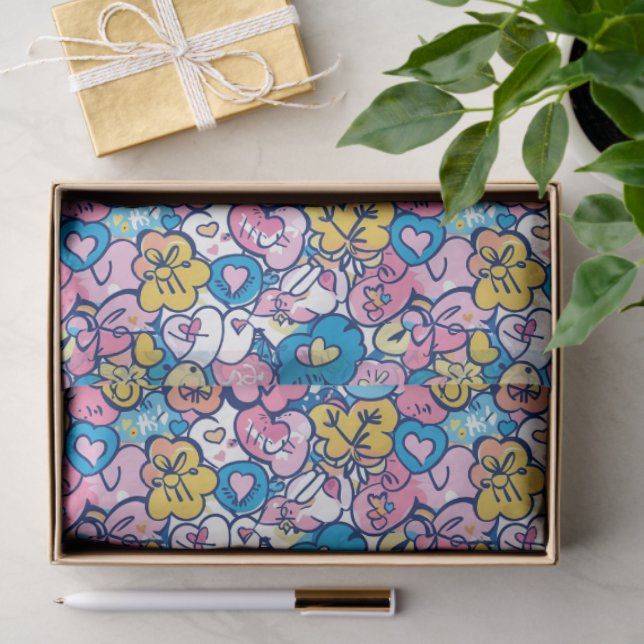 Papel De Seda Cute Retro Doodle Hearts Love Artistic Pattern  (Presente)