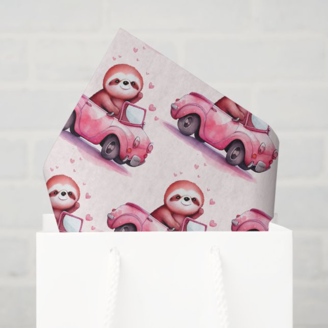 Papel De Seda Cute Sloth Driving a Pink Convertible Pattern (Sacola de presentes)