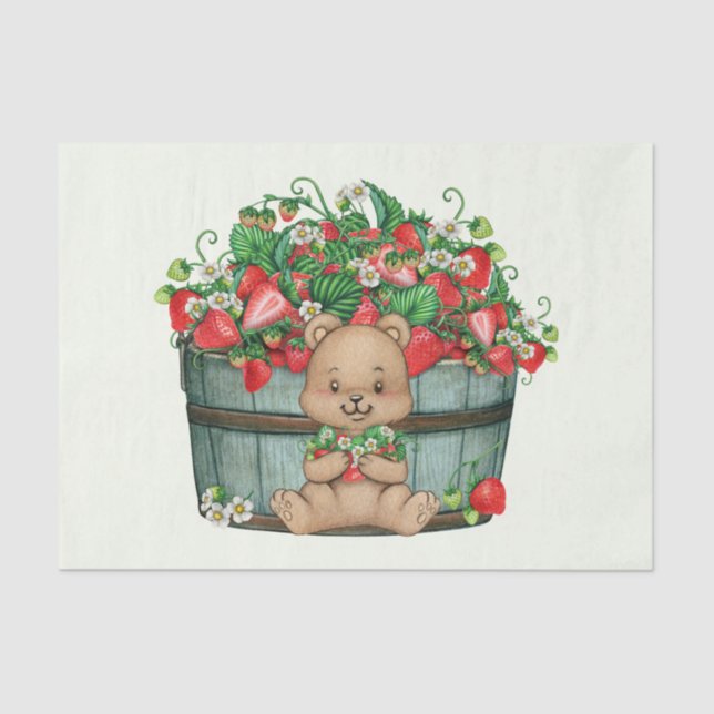 Papel De Seda Cute Teddy Bear and Rustic Strawberry Basket  (Frente )