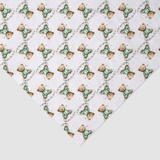 Papel De Seda Cute Teddy Bear on a Fluffy Cloud Green PJs (Detalhes)