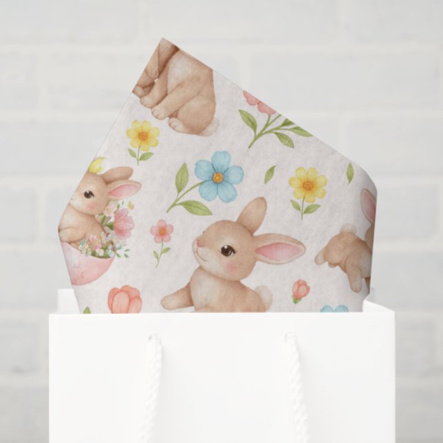 Papel De Seda Cute Watercolor Bunnies & Flowers Pattern (Sacola de presentes)