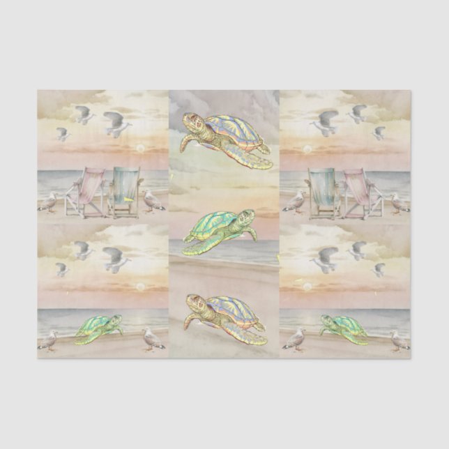 Papel De Seda Cute Watercolor Seaside Seagulls & Sea Turtles (Frente )