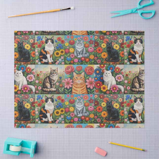 Papel De Seda Cute Whimsical Cats and Folk Art Flowers (Arte )