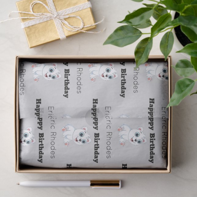 Papel De Seda Cute white polar bear on gray birthday (Presente)