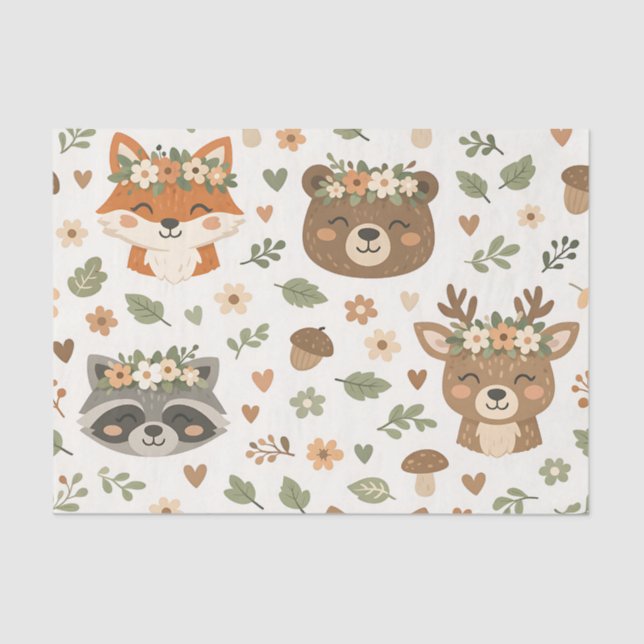 Papel De Seda Cute Woodland Animals Floral Pattern (Frente )