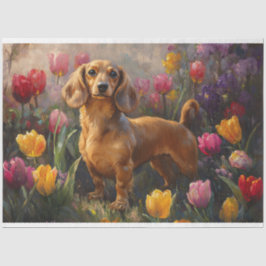 Papel De Seda Dachshund com Primavera Tulipas de Pintura