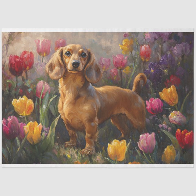Papel De Seda Dachshund com Primavera Tulipas de Pintura (Frente )