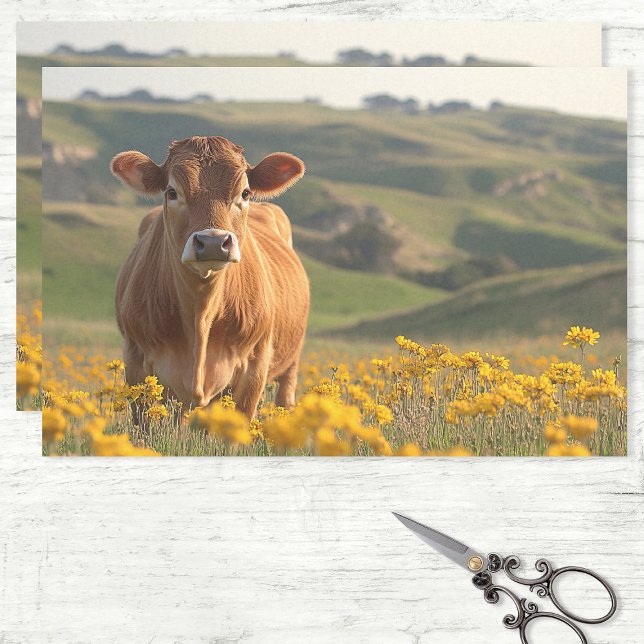 Papel De Seda Dairy Cairy Cow Yellow Wilflower Decoupage (Criador carregado)