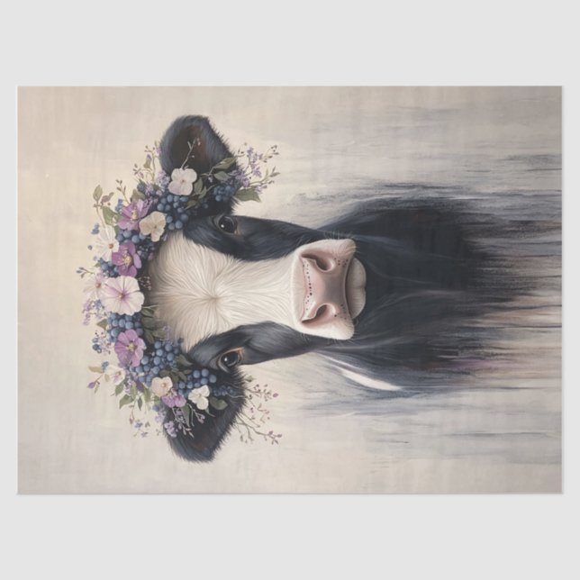 Papel De Seda Dairy Cow Purple Flower Crown Decoupage (Frente )